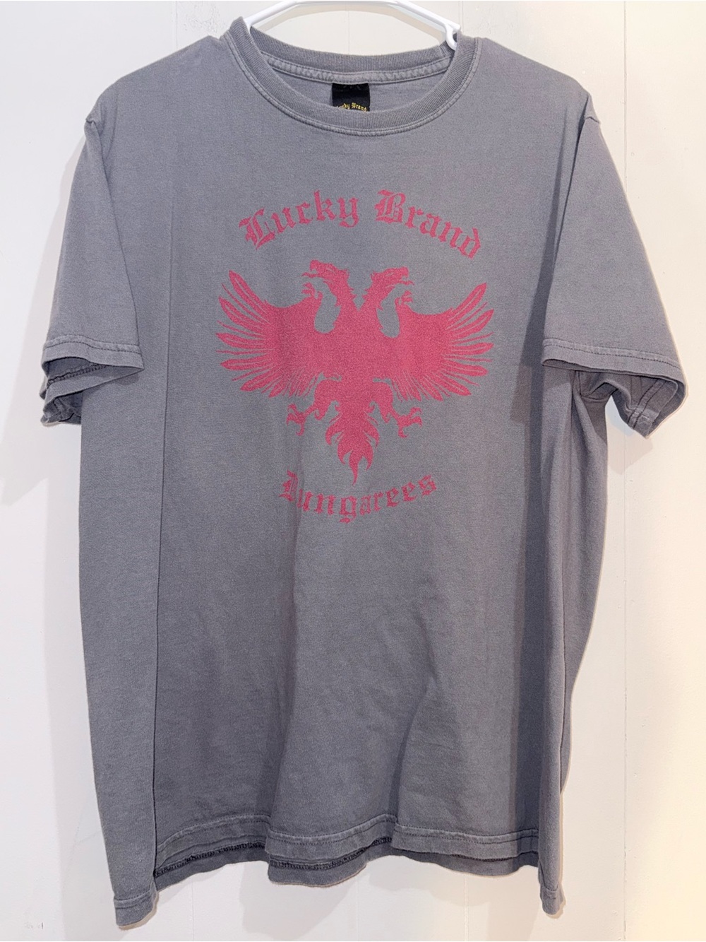 VTG Lucky Brand Dungarees Eagle Crest Graphic Tee Grey Pink XL Made in USA Y2K